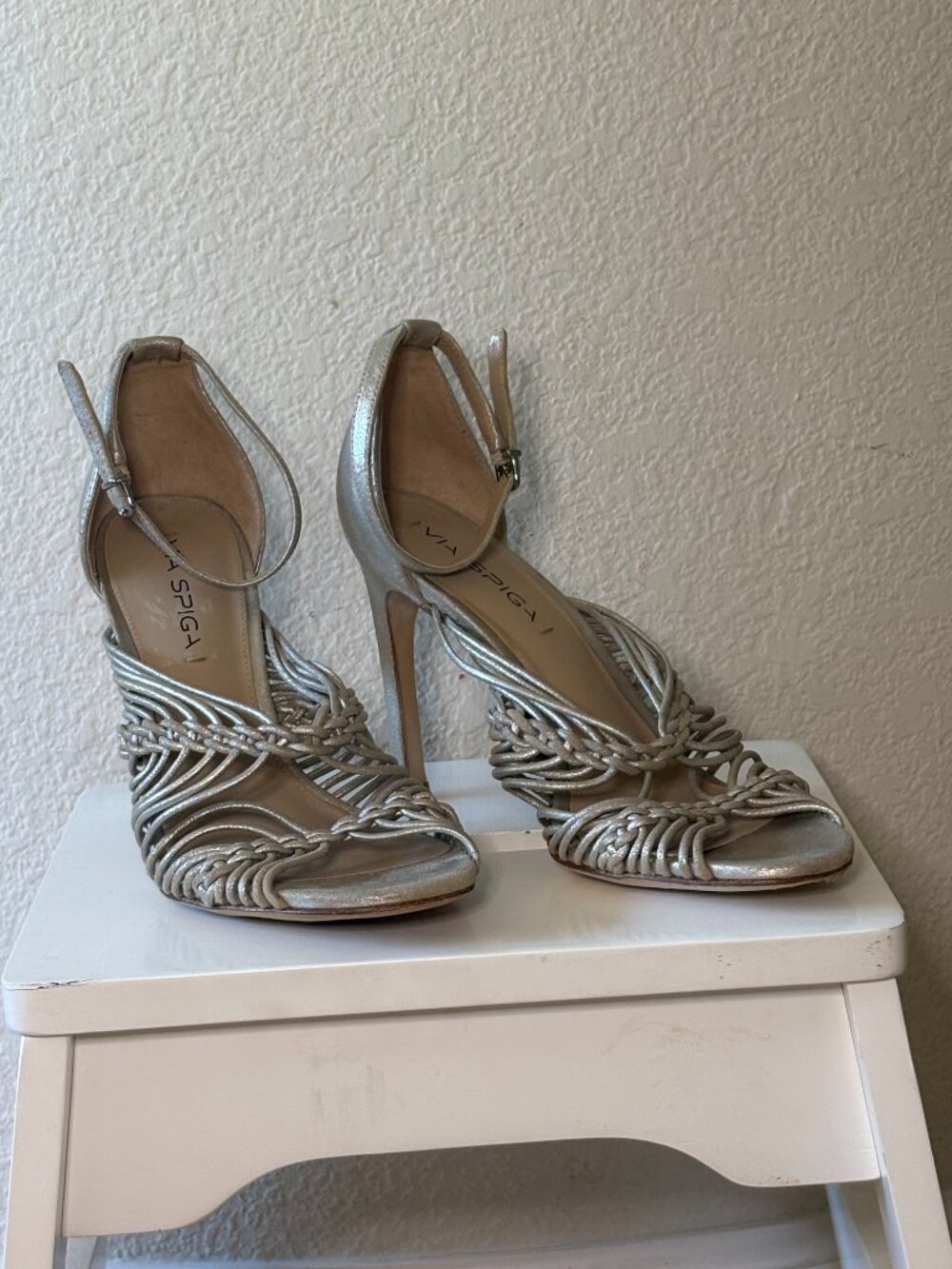 Via Spiga Silver Metallic Braided Strappy Stiletto Heels Size 8